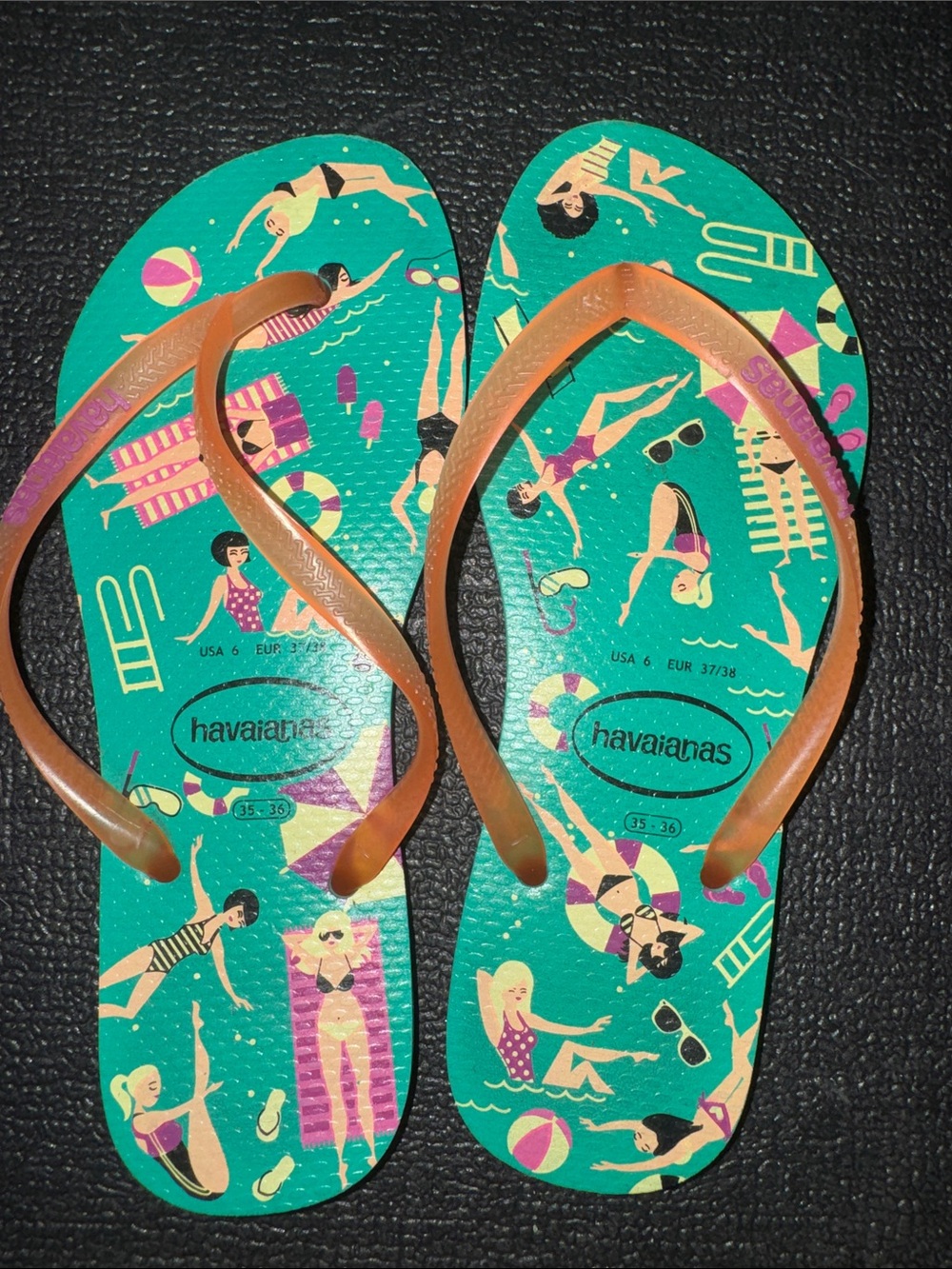 Havaianas Teal Swim Print Flip Flops with Tan Straps 35-36 Size Used